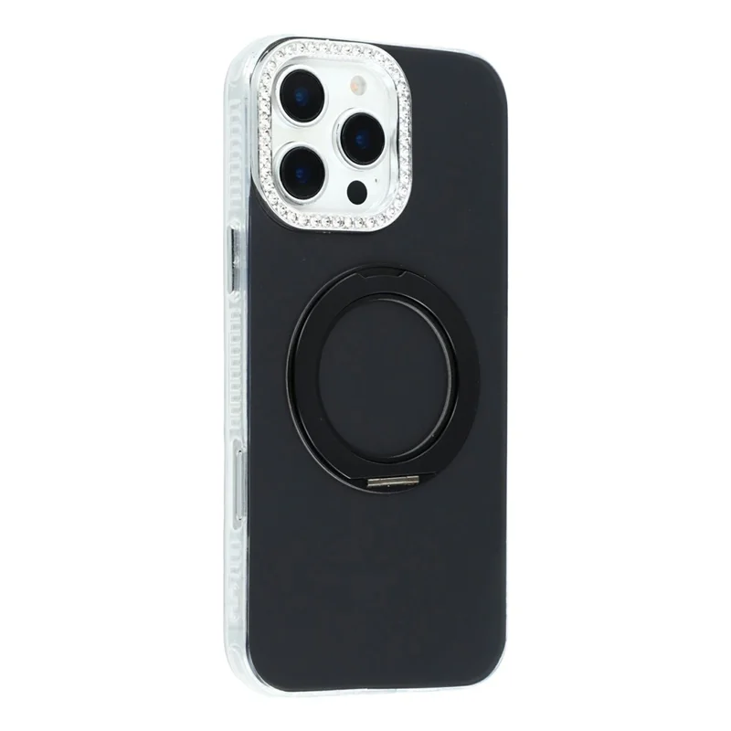 For iPhone 16 Pro Case Rotating Kickstand PC + TPU IMD Protective Cover with Rhinestones Camera Frame - Black