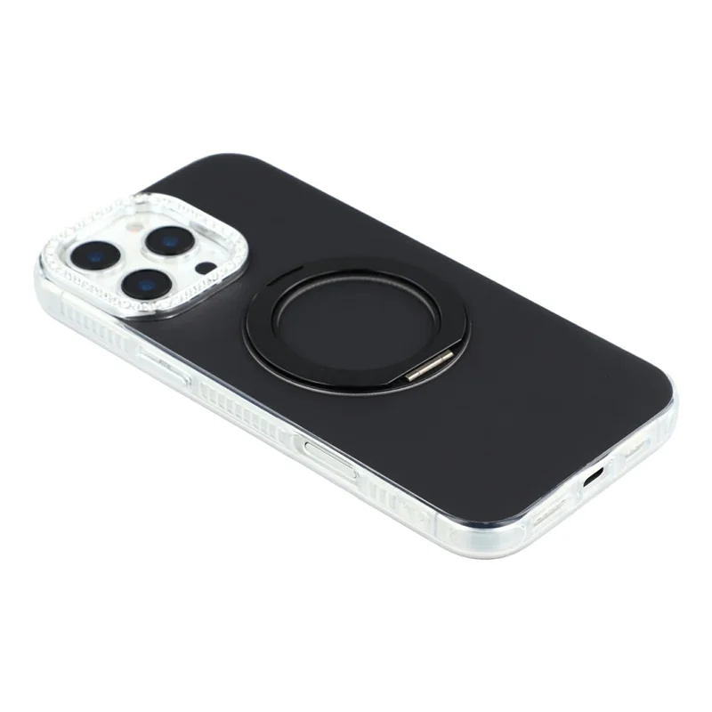 For iPhone 16 Pro Case Rotating Kickstand PC + TPU IMD Protective Cover with Rhinestones Camera Frame - Black