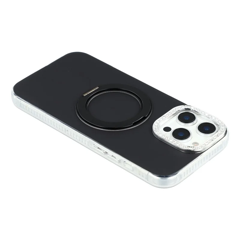For iPhone 16 Pro Case Rotating Kickstand PC + TPU IMD Protective Cover with Rhinestones Camera Frame - Black