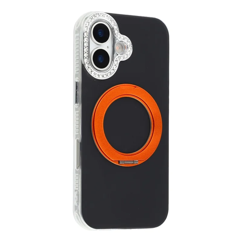 For iPhone 16 Plus Case Rotating Kickstand PC + TPU IMD Protective Cover with Rhinestones Camera Frame - Black+Orange