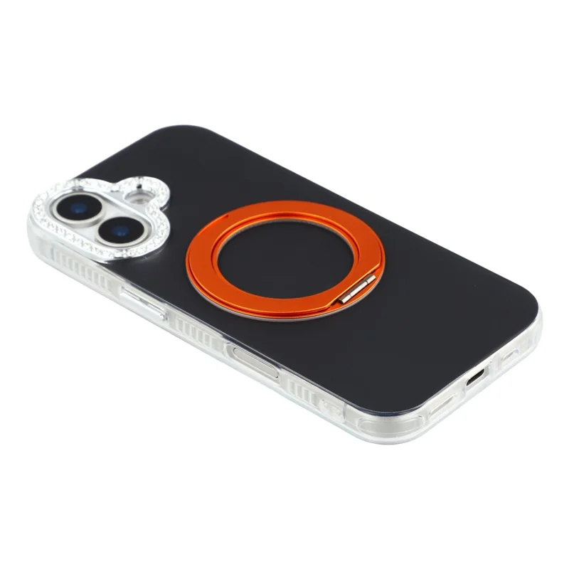 For iPhone 16 Plus Case Rotating Kickstand PC + TPU IMD Protective Cover with Rhinestones Camera Frame - Black+Orange