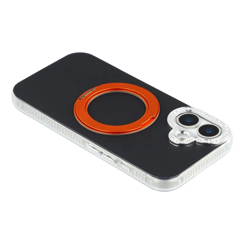 For iPhone 16 Plus Case Rotating Kickstand PC + TPU IMD Protective Cover with Rhinestones Camera Frame - Black+Orange