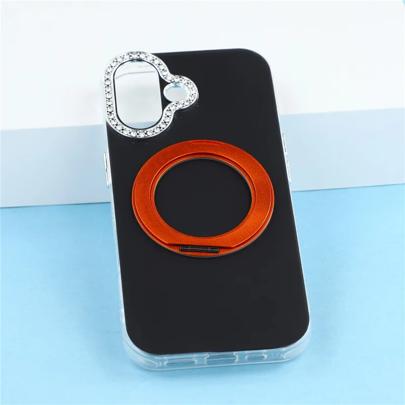 For iPhone 16 Plus Case Rotating Kickstand PC + TPU IMD Protective Cover with Rhinestones Camera Frame - Black+Orange