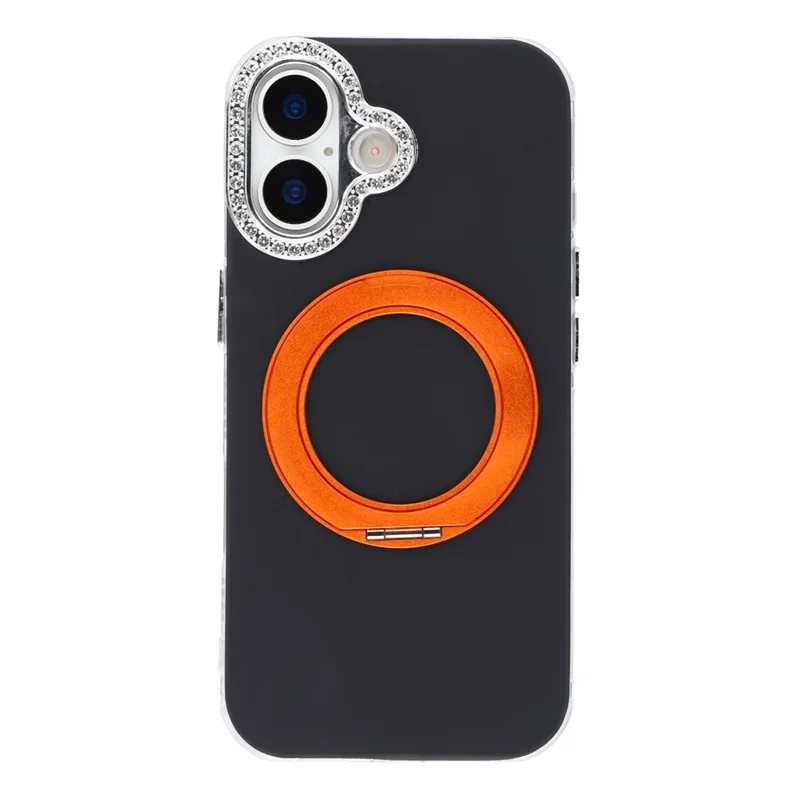 For iPhone 16 Case Rotating Kickstand PC + TPU IMD Protective Cover with Rhinestones Camera Frame - Black+Orange