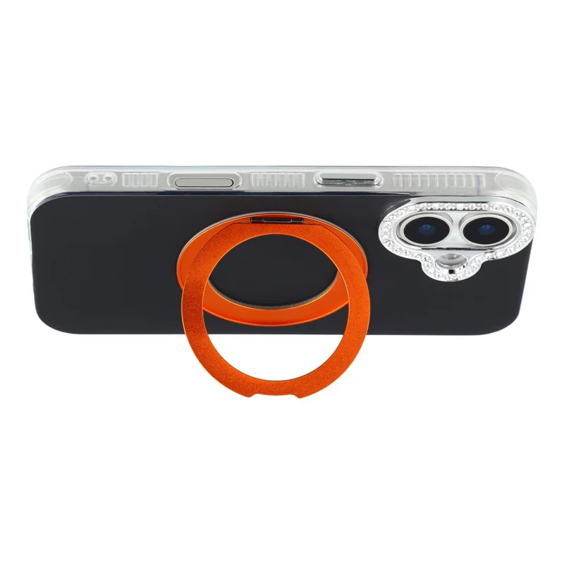 For iPhone 16 Case Rotating Kickstand PC + TPU IMD Protective Cover with Rhinestones Camera Frame - Black+Orange