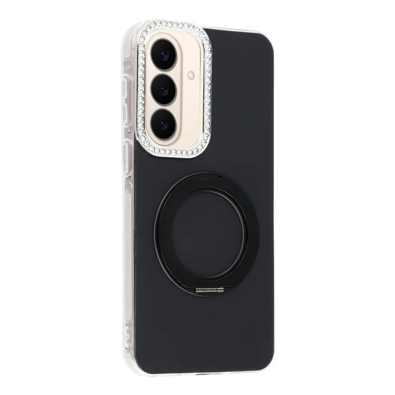 For Samsung Galaxy A27 5G Case Rotating Kickstand PC + TPU IMD Protective Cover with Rhinestones Camera Frame - Black