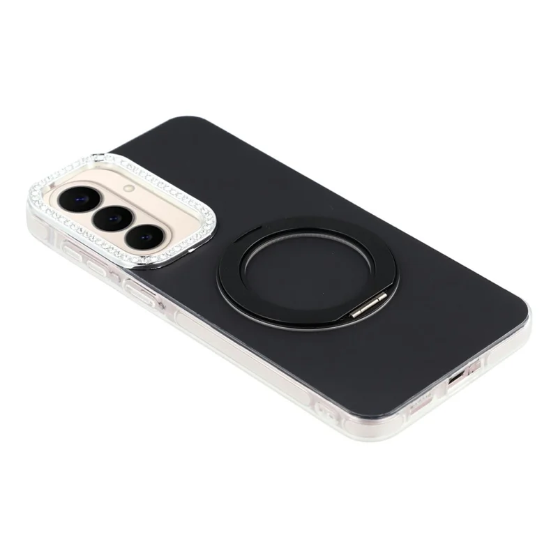 For Samsung Galaxy A27 5G Case Rotating Kickstand PC + TPU IMD Protective Cover with Rhinestones Camera Frame - Black