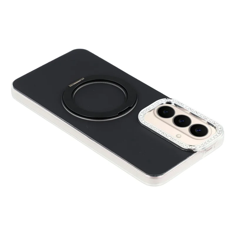 For Samsung Galaxy A27 5G Case Rotating Kickstand PC + TPU IMD Protective Cover with Rhinestones Camera Frame - Black