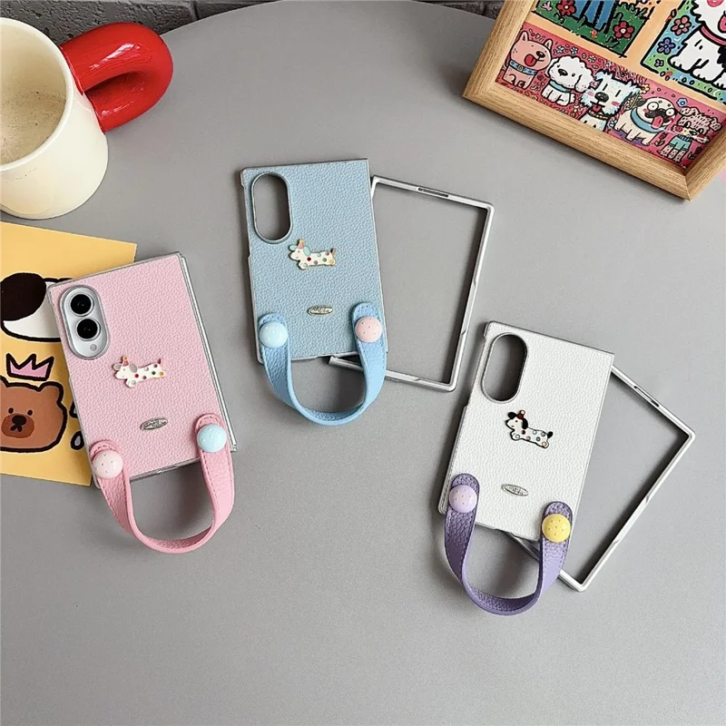 For Samsung Galaxy Z Fold8 Case Cartoon Dachshund Charm PU Leather + PC Protective Phone Cover with Hand Strap - White