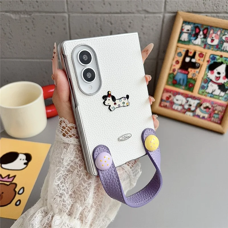 For Samsung Galaxy Z Fold8 Case Cartoon Dachshund Charm PU Leather + PC Protective Phone Cover with Hand Strap - White