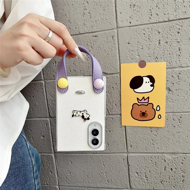 For Samsung Galaxy Z Fold8 Case Cartoon Dachshund Charm PU Leather + PC Protective Phone Cover with Hand Strap - White