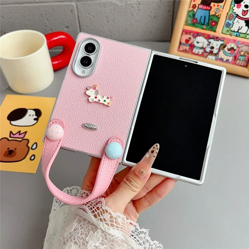 For Samsung Galaxy Z Fold8 Case Cartoon Dachshund Charm PU Leather + PC Protective Phone Cover with Hand Strap - White