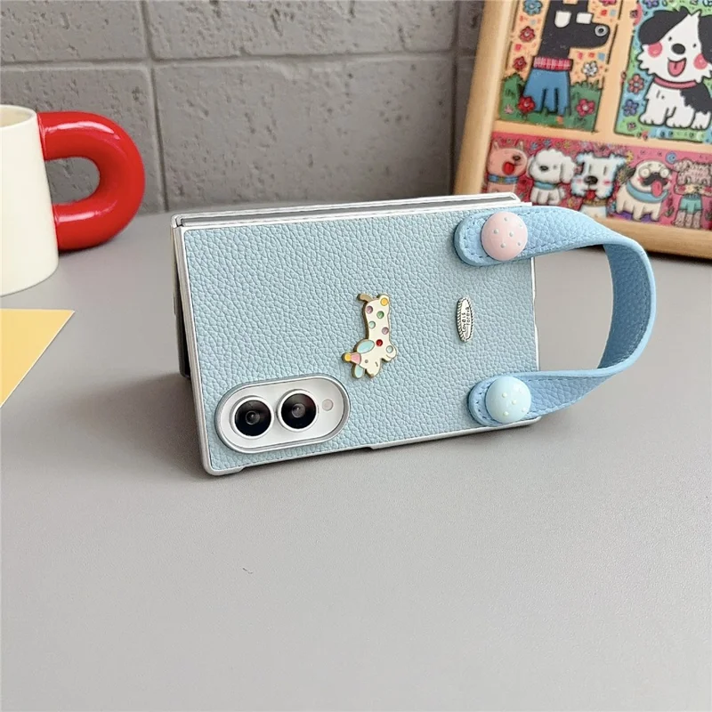 For Samsung Galaxy Z Fold8 Case Cartoon Dachshund Charm PU Leather + PC Protective Phone Cover with Hand Strap - White