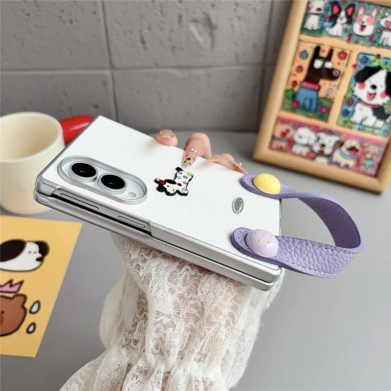For Samsung Galaxy Z Fold8 Case Cartoon Dachshund Charm PU Leather + PC Protective Phone Cover with Hand Strap - White
