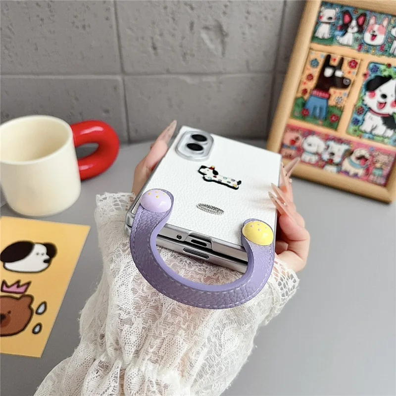 For Samsung Galaxy Z Fold8 Case Cartoon Dachshund Charm PU Leather + PC Protective Phone Cover with Hand Strap - White