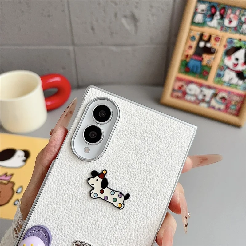 For Samsung Galaxy Z Fold8 Case Cartoon Dachshund Charm PU Leather + PC Protective Phone Cover with Hand Strap - White