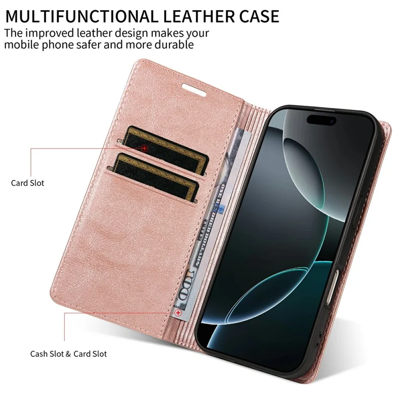 For iPhone 16 Pro Max Wallet Case RFID Blocking Card Slots Stand Magnetic Closure Leather Phone Cover - Rose Gold