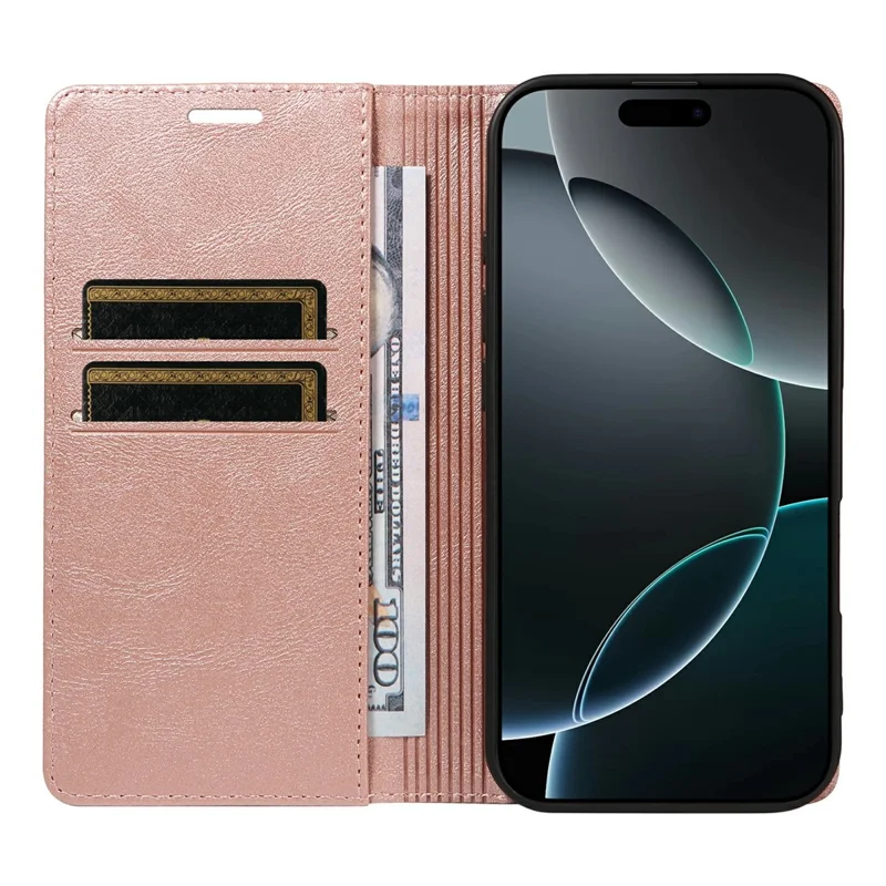 For iPhone 16 Pro Max Wallet Case RFID Blocking Card Slots Stand Magnetic Closure Leather Phone Cover - Rose Gold