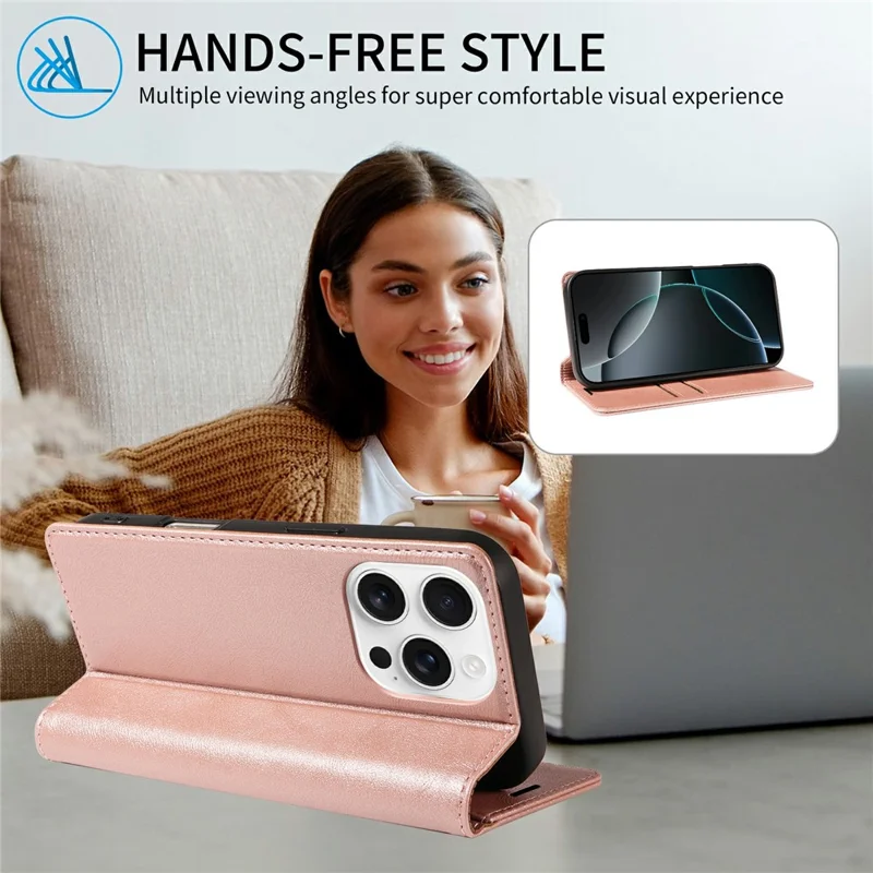 For iPhone 16 Pro Max Wallet Case RFID Blocking Card Slots Stand Magnetic Closure Leather Phone Cover - Rose Gold