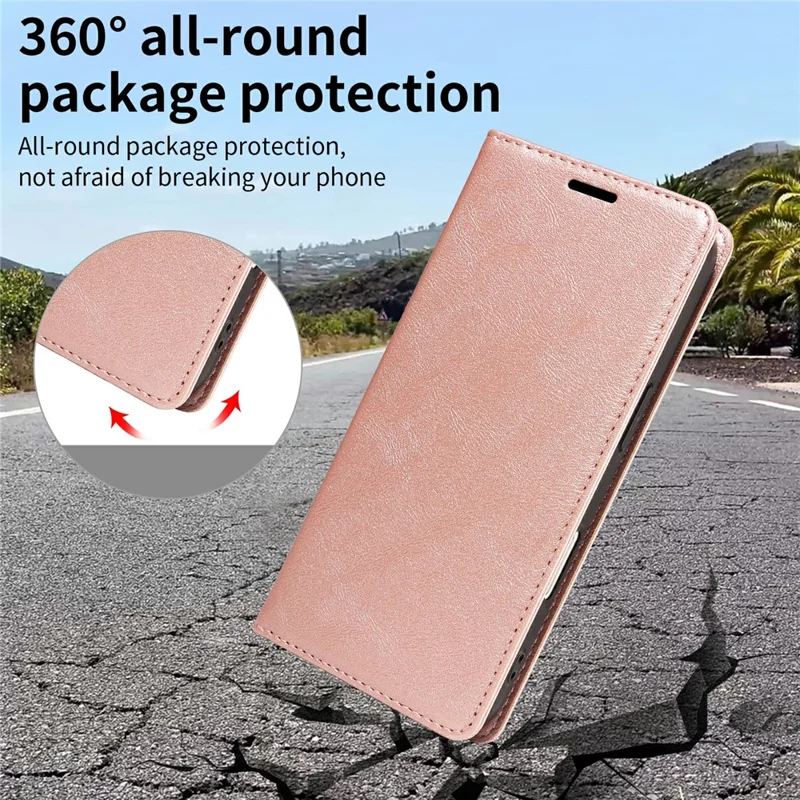 For iPhone 16 Pro Max Wallet Case RFID Blocking Card Slots Stand Magnetic Closure Leather Phone Cover - Rose Gold