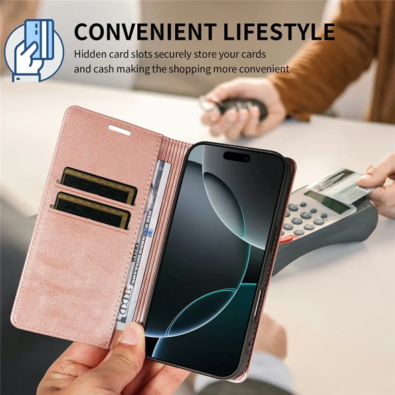 For iPhone 16 Pro Max Wallet Case RFID Blocking Card Slots Stand Magnetic Closure Leather Phone Cover - Rose Gold