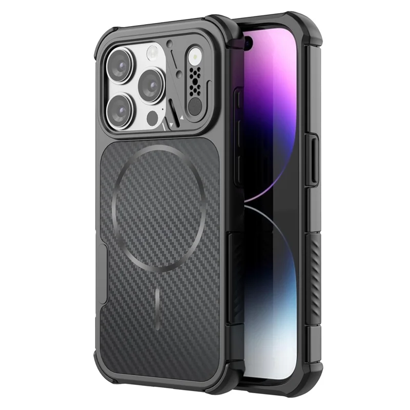 For iPhone 13 Pro Magnetic Case Carbon Fiber Texture PC + TPU Corner Protection Phone Cover - Black