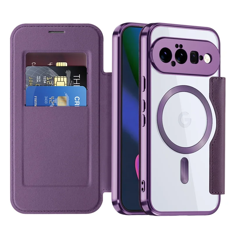 For Google Pixel 11 Magnetic Case RFID Blocking Card Holder Leather Phone Cover with Lens Film - Dark Purple