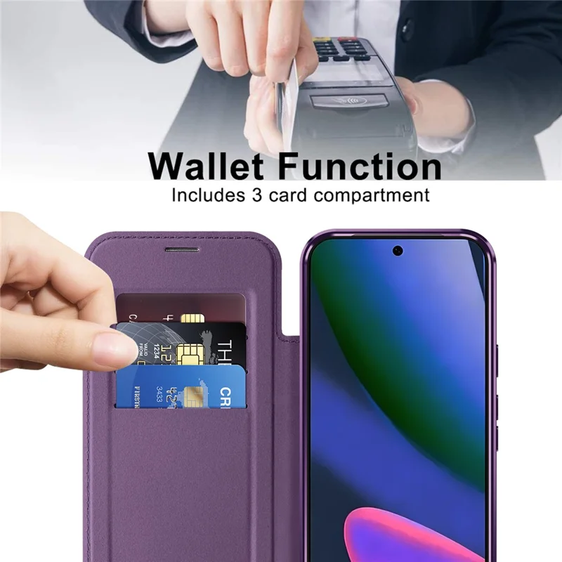 For Google Pixel 11 Magnetic Case RFID Blocking Card Holder Leather Phone Cover with Lens Film - Dark Purple