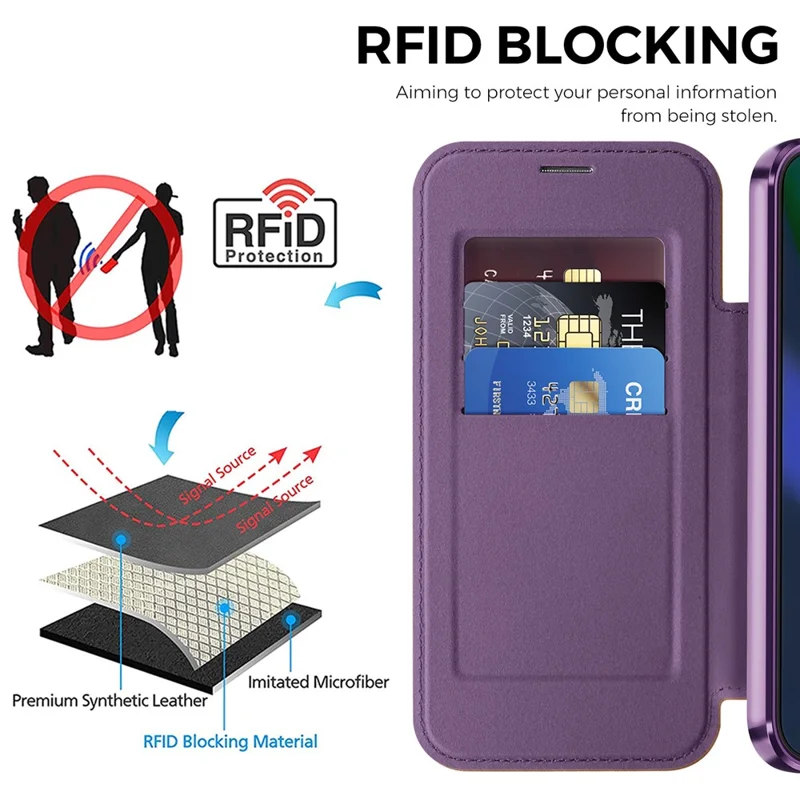 For Google Pixel 11 Magnetic Case RFID Blocking Card Holder Leather Phone Cover with Lens Film - Dark Purple