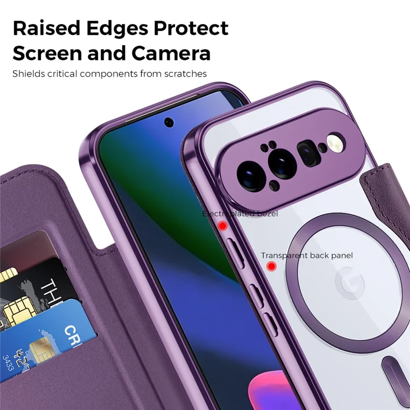 For Google Pixel 11 Magnetic Case RFID Blocking Card Holder Leather Phone Cover with Lens Film - Dark Purple