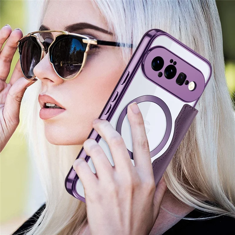For Google Pixel 11 Magnetic Case RFID Blocking Card Holder Leather Phone Cover with Lens Film - Dark Purple
