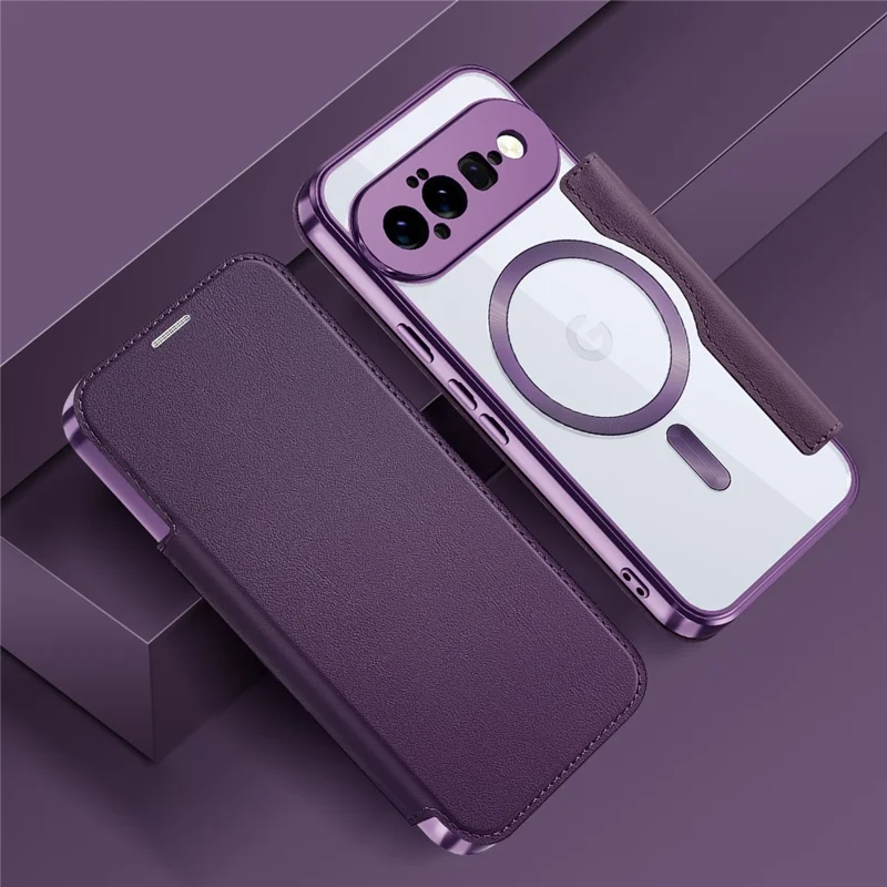 For Google Pixel 11 Magnetic Case RFID Blocking Card Holder Leather Phone Cover with Lens Film - Dark Purple