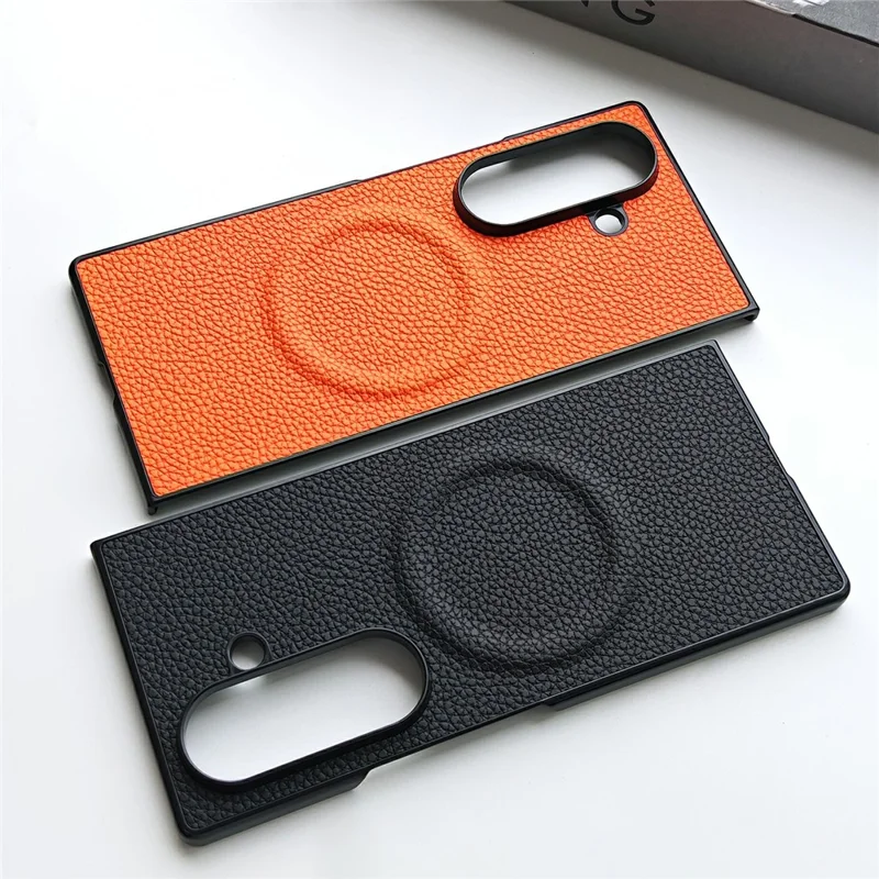 For Samsung Galaxy Z Fold7 5G Magnetic Case Litchi Texture PU Leather Coated PC Dual-Layer Protective Cover - Orange