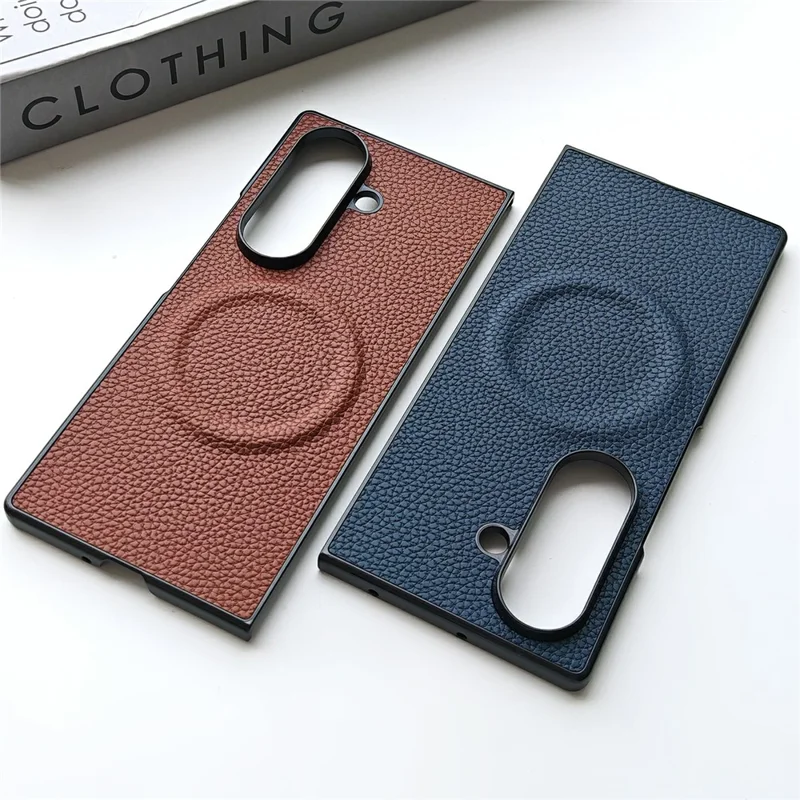 For Samsung Galaxy Z Fold7 5G Magnetic Case Litchi Texture PU Leather Coated PC Dual-Layer Protective Cover - Orange