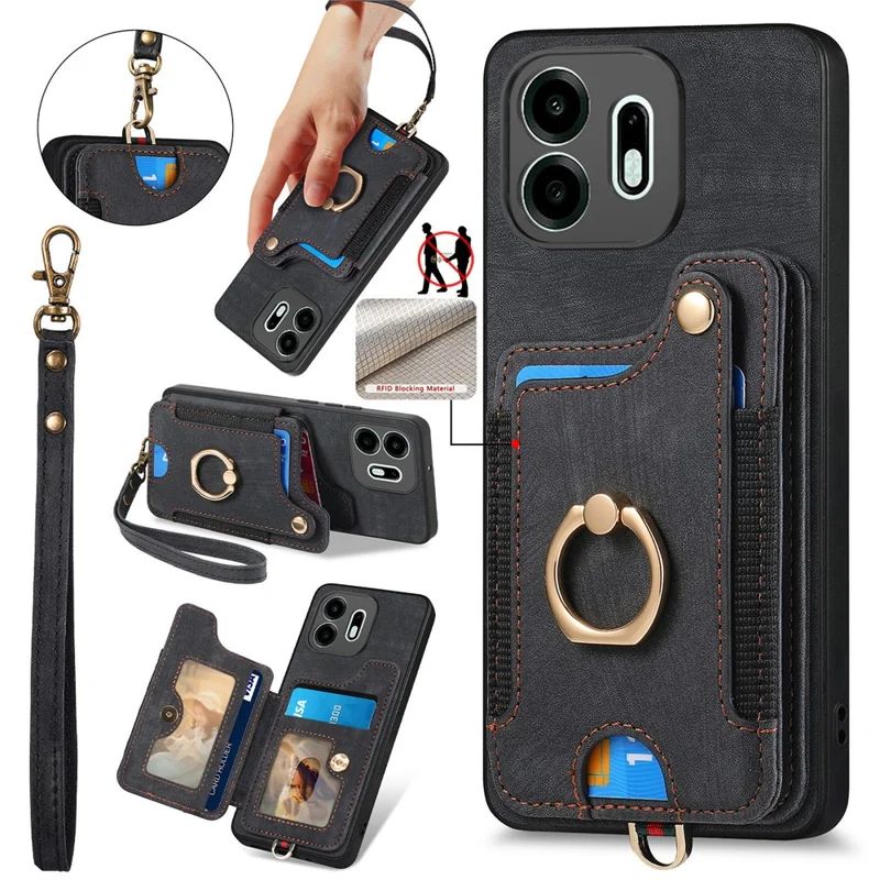 For OnePlus N6 4G Retro PU Leather Case Phone Cover with RFID Blocking Card Holder  /  Ring Holder - Black