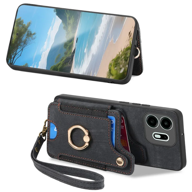 For OnePlus N6 4G Retro PU Leather Case Phone Cover with RFID Blocking Card Holder  /  Ring Holder - Black