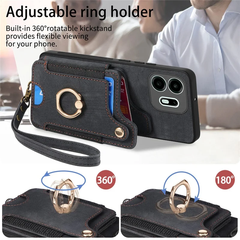 For OnePlus N6 4G Retro PU Leather Case Phone Cover with RFID Blocking Card Holder  /  Ring Holder - Black