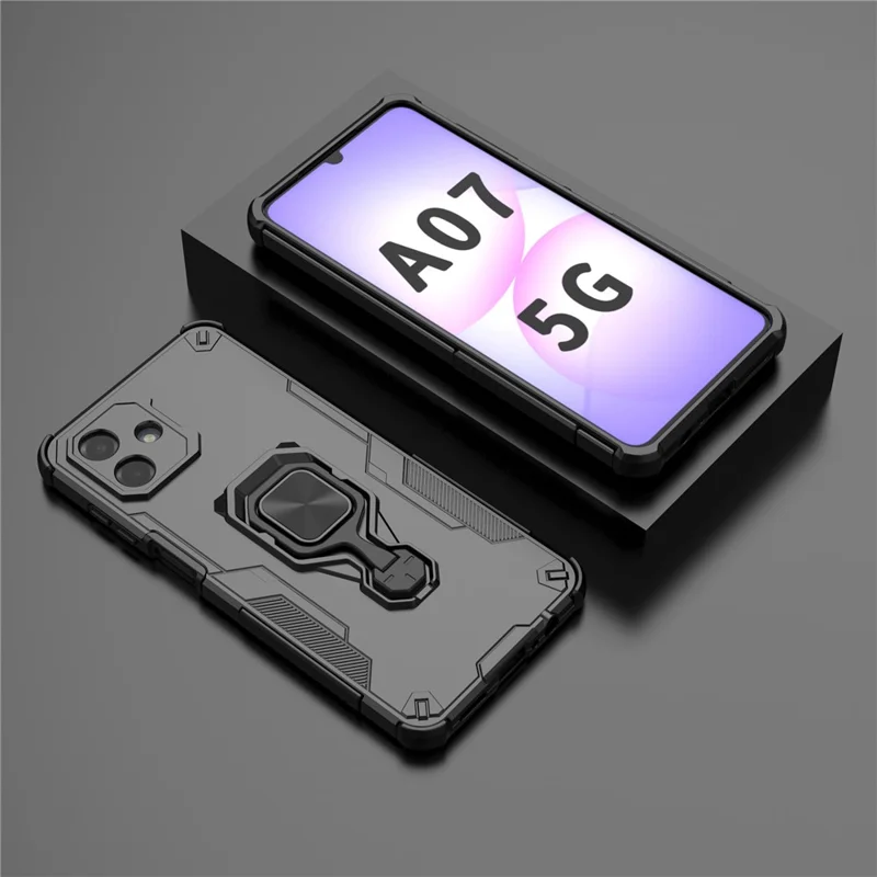 Til Samsung Galaxy A07 4G Taske Rotationsring med støtteben PC + TPU Stødfast Telefonbeskyttelse - Sort
