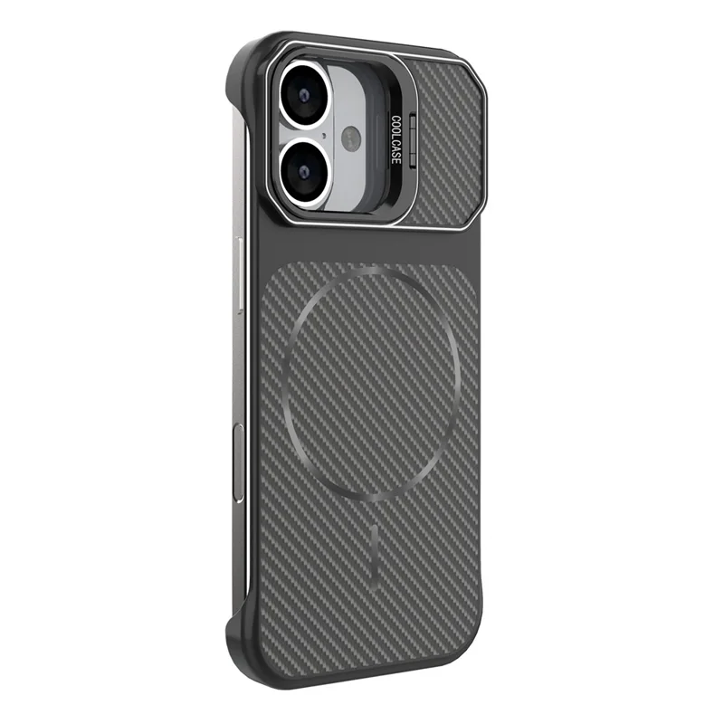 For iPhone 17 Magnetic Case with Lens Frame Kickstand Carbon Fiber Texture Hard PC Half-Wrapped Phone Cover - Black