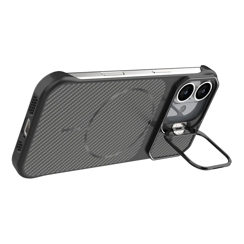 For iPhone 17 Magnetic Case with Lens Frame Kickstand Carbon Fiber Texture Hard PC Half-Wrapped Phone Cover - Black