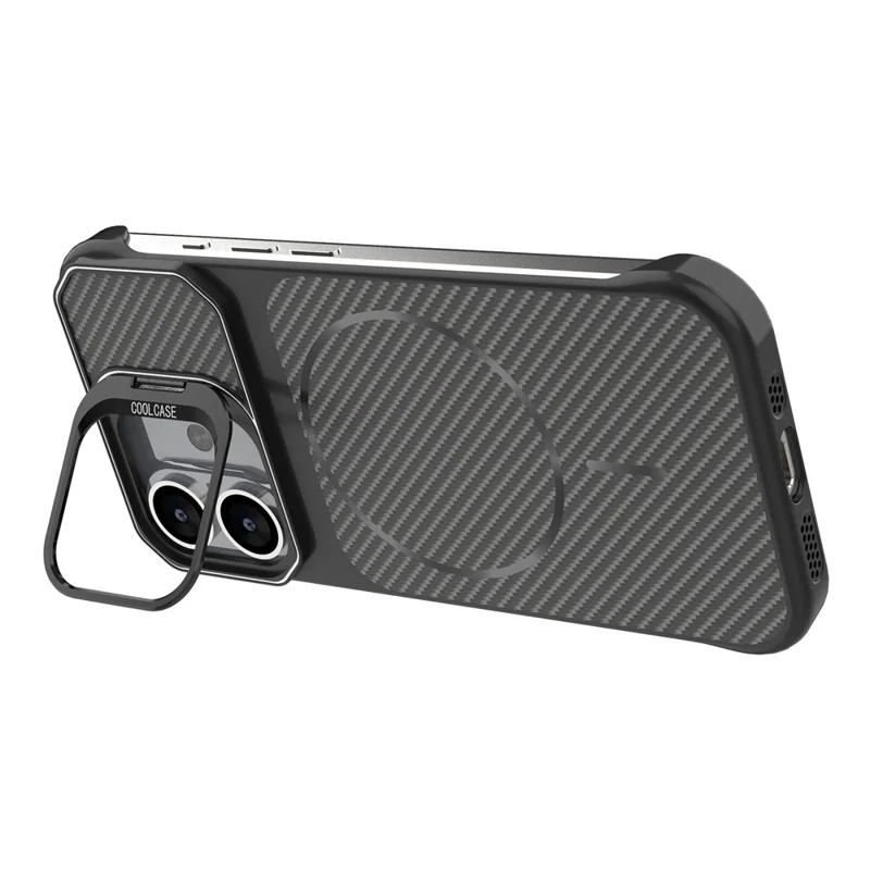 For iPhone 17 Magnetic Case with Lens Frame Kickstand Carbon Fiber Texture Hard PC Half-Wrapped Phone Cover - Black