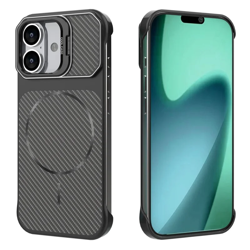 For iPhone 17 Magnetic Case with Lens Frame Kickstand Carbon Fiber Texture Hard PC Half-Wrapped Phone Cover - Black