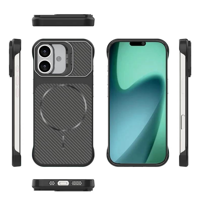 For iPhone 17 Magnetic Case with Lens Frame Kickstand Carbon Fiber Texture Hard PC Half-Wrapped Phone Cover - Black