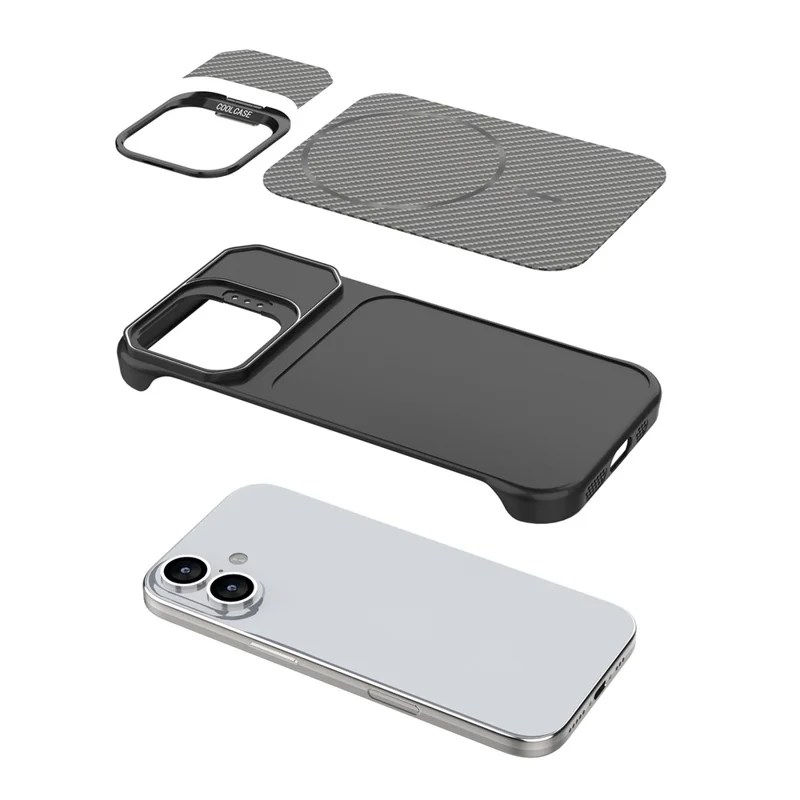 For iPhone 17 Magnetic Case with Lens Frame Kickstand Carbon Fiber Texture Hard PC Half-Wrapped Phone Cover - Black