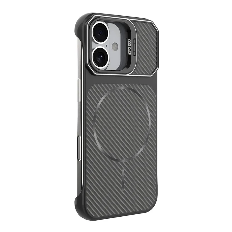 For iPhone 16 Magnetic Case with Lens Frame Kickstand Carbon Fiber Texture Hard PC Half-Wrapped Phone Cover - Black