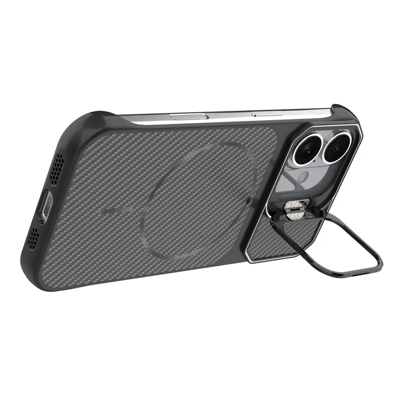 For iPhone 16 Magnetic Case with Lens Frame Kickstand Carbon Fiber Texture Hard PC Half-Wrapped Phone Cover - Black