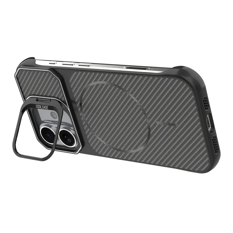 For iPhone 16 Magnetic Case with Lens Frame Kickstand Carbon Fiber Texture Hard PC Half-Wrapped Phone Cover - Black