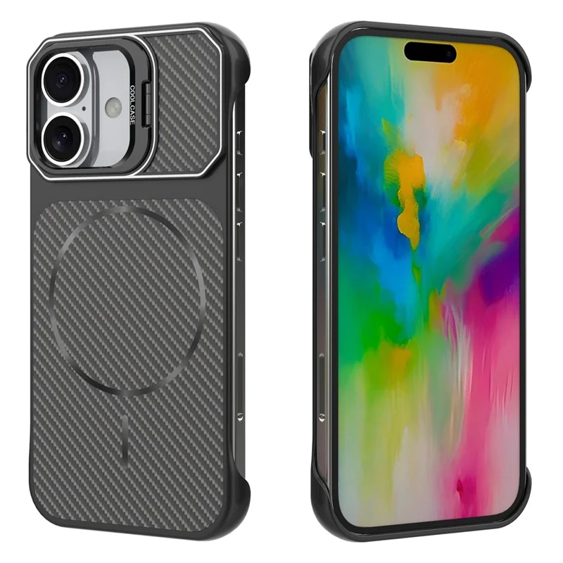 For iPhone 16 Magnetic Case with Lens Frame Kickstand Carbon Fiber Texture Hard PC Half-Wrapped Phone Cover - Black
