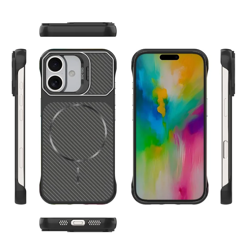 For iPhone 16 Magnetic Case with Lens Frame Kickstand Carbon Fiber Texture Hard PC Half-Wrapped Phone Cover - Black