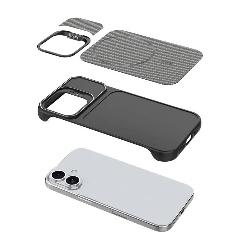 For iPhone 16 Magnetic Case with Lens Frame Kickstand Carbon Fiber Texture Hard PC Half-Wrapped Phone Cover - Black